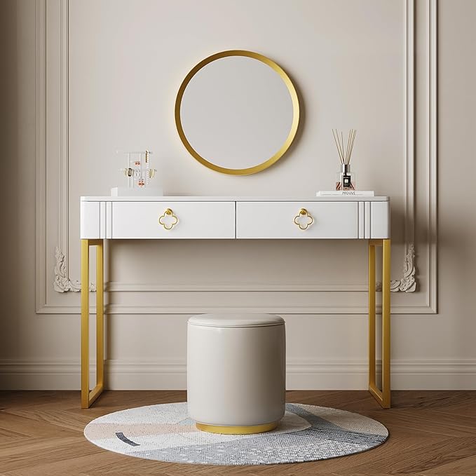 White Desk with Drawers,Modern Laptop Table with gold metal legs,43 inch Makeup Vanity Small Desk with Storage, Stylish & Functional Computer Desk Work Stations for Home Office - LeafyLoom