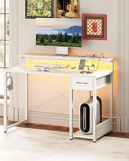 AODK Gaming Desk with LED Lights & Power Outlet, 40 Inch Computer Desk with Drawer, Reversible Desk with Adjustable Monitor Shelf & Headphone Hook for Home Office, White - LeafyLoom