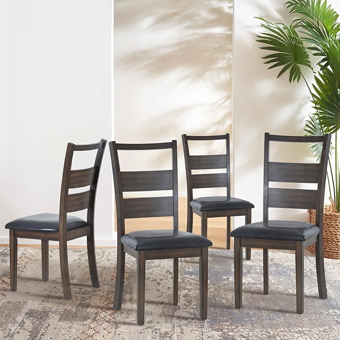 COLAMY PU Leather Dining Chairs Set of 4, Ladder High Back Dining Room Kitchen Side Chair with Adjustable Foot Pegs, Dark Brown - LeafyLoom