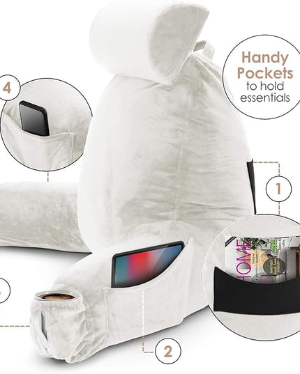Clara Clark Reading Pillow, Large Back Pillow for Sitting Up in Bed, Memory Foam Back Support Pillow, Reading Pillows for Sitting in Bed Adult, White Sit Up Pillow for Bed Chair with Arms and Pockets - LeafyLoom