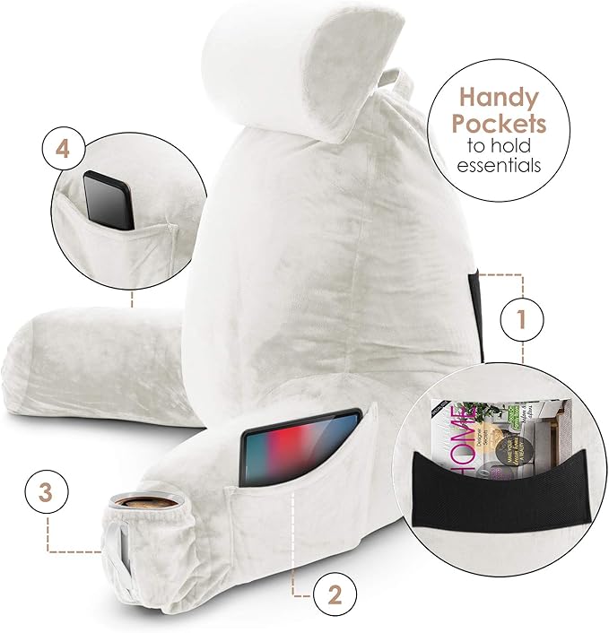 Clara Clark Reading Pillow, Large Back Pillow for Sitting Up in Bed, Memory Foam Back Support Pillow, Reading Pillows for Sitting in Bed Adult, White Sit Up Pillow for Bed Chair with Arms and Pockets - LeafyLoom