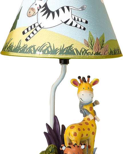 Fantasy Fields - Sunny Safari Animals Thematic Kids Table Lamp, for Girls & Boys Rooms with Printed Zebra Lampshade & Sculpted Monkey, Giraffe, & Tiger Base, Jungle Lamp for Nurseries & Baby Rooms - LeafyLoom
