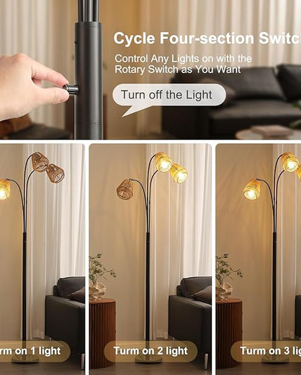 Boho Floor Lamp for Living Room, 72 Inch Tall Rattan Floor Lamp with Rotary Switch, 3-Lights Arched Floor Lamp with Rattan Shade for Coastal,Bohemian,Rustic ,Farmhouse Tree Standing Lamp for Bedroom - LeafyLoom