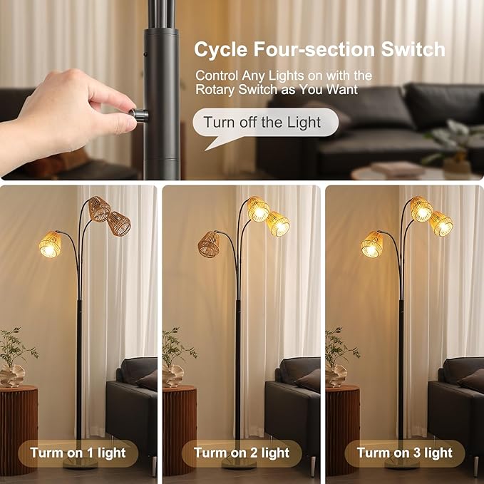 Boho Floor Lamp for Living Room, 72 Inch Tall Rattan Floor Lamp with Rotary Switch, 3-Lights Arched Floor Lamp with Rattan Shade for Coastal,Bohemian,Rustic ,Farmhouse Tree Standing Lamp for Bedroom - LeafyLoom