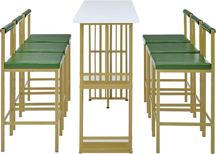 7-Piece Multi-Functional Modern Counter Height Dining Bar Table Set with Open Shelves and 6 Upholstered Stools with Gold Metal Frame for Home Pub Kitchen Room (White+Green) - LeafyLoom