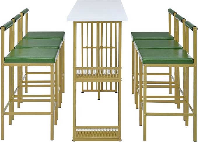 7-Piece Multi-Functional Modern Counter Height Dining Bar Table Set with Open Shelves and 6 Upholstered Stools with Gold Metal Frame for Home Pub Kitchen Room (White+Green) - LeafyLoom