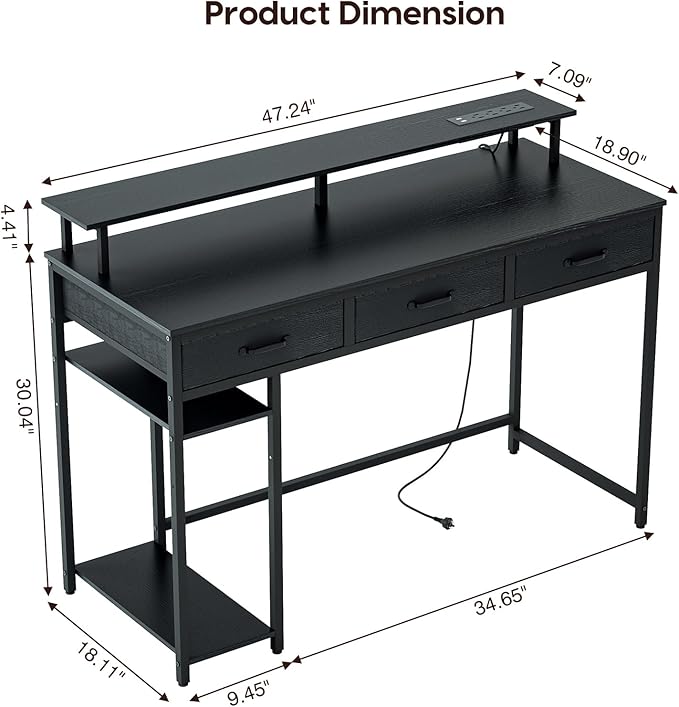 Computer Desk with Drawers and Storage Shelves, Home Office Desk with LED Lights & Power Outlets, Gaming Desk with Monitor Stand, Writing Study Desk, Kids Small Desk for Bedroom, Black - LeafyLoom