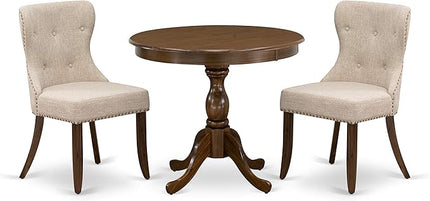 East West Furniture AMSI3-AWA-04 3 Piece Dining Set for Small Spaces Contains a Round Kitchen Table with Pedestal and 2 Light Tan Linen Fabric Parson Chairs, 36x36 Inch - LeafyLoom