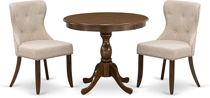 East West Furniture AMSI3-AWA-04 3 Piece Dining Set for Small Spaces Contains a Round Kitchen Table with Pedestal and 2 Light Tan Linen Fabric Parson Chairs, 36x36 Inch - LeafyLoom
