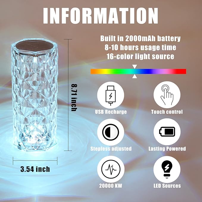 BGFHome Crystal Table Lamp RGB Color Changing Night Light ,Romantic LED Rose Diamond Touch Lamps for Living Room (Remote & Touch - LeafyLoom