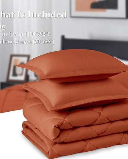 downluxe King Size Comforter Set - Burnt Orange King Comforter Set, 3 Pieces Soft Solid Comforter King Size Set for All Seasons, 1 Lightweight Fluffy Comforter (104"x92") and 2 Pillow Shams - LeafyLoom