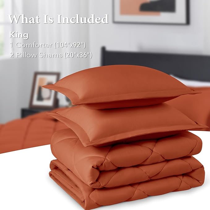 downluxe King Size Comforter Set - Burnt Orange King Comforter Set, 3 Pieces Soft Solid Comforter King Size Set for All Seasons, 1 Lightweight Fluffy Comforter (104"x92") and 2 Pillow Shams - LeafyLoom