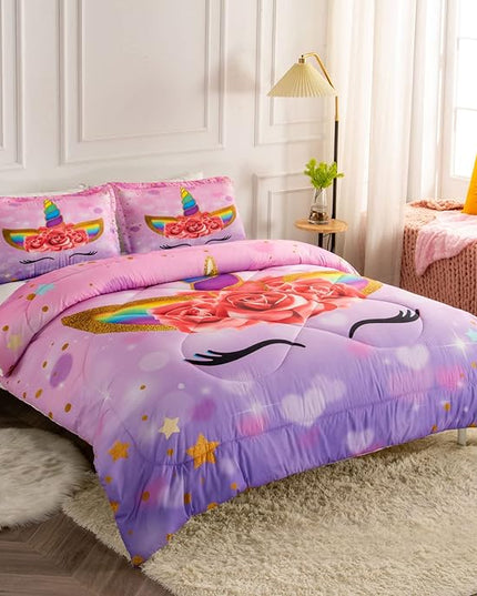 Unicorn Twin Bedding Sets for Girls Kids Comforter Set Twin Size with 2 Pillowcases Purple Unicorn Room Decor for Girls Bedroom Ultra Soft Machine Washable Toddler Bed Set - LeafyLoom