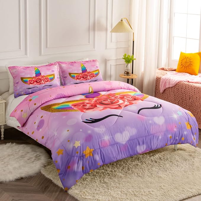 Unicorn Twin Bedding Sets for Girls Kids Comforter Set Twin Size with 2 Pillowcases Purple Unicorn Room Decor for Girls Bedroom Ultra Soft Machine Washable Toddler Bed Set - LeafyLoom