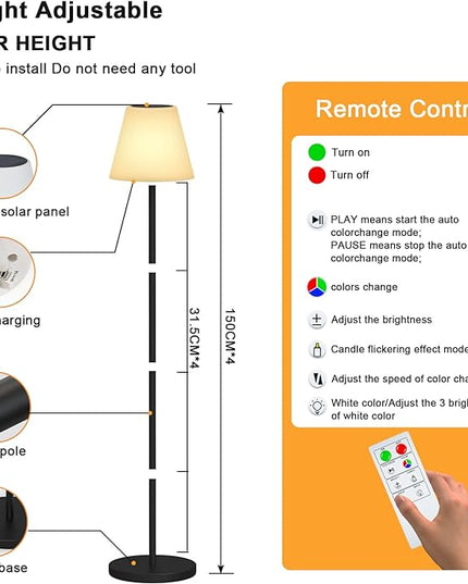 Solar Floor Lamp Indoor&Outdoor Lamps for Patio, IP44 Waterproof USB Rechargeable Indoor Cordless Floor Lamp with Light Sensor, Dimmable Warm White+RGB LED Outdoor Floor Lamp for Lawn Yard Garden - LeafyLoom