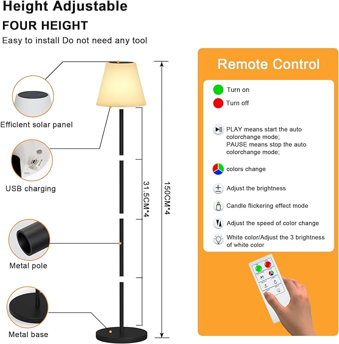 Solar Floor Lamp Indoor&Outdoor Lamps for Patio, IP44 Waterproof USB Rechargeable Indoor Cordless Floor Lamp with Light Sensor, Dimmable Warm White+RGB LED Outdoor Floor Lamp for Lawn Yard Garden - LeafyLoom