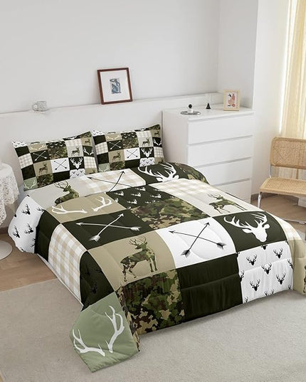 Antler Silhouette Kids Comforter Set Queen Size,Camo Green Rustic Bedding Set,Girls Boys Adults Bedroom/Xmas Decor,Geometric Plaid Patchwork Down Comforter,Arrows Boho Duvet Insert,3pcs,2 Pillowcases - LeafyLoom