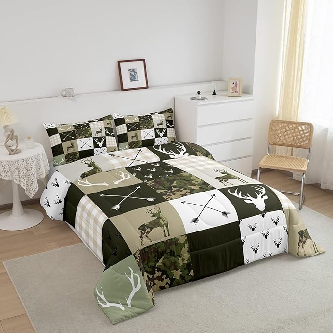 Antler Silhouette Kids Comforter Set Queen Size,Camo Green Rustic Bedding Set,Girls Boys Adults Bedroom/Xmas Decor,Geometric Plaid Patchwork Down Comforter,Arrows Boho Duvet Insert,3pcs,2 Pillowcases - LeafyLoom