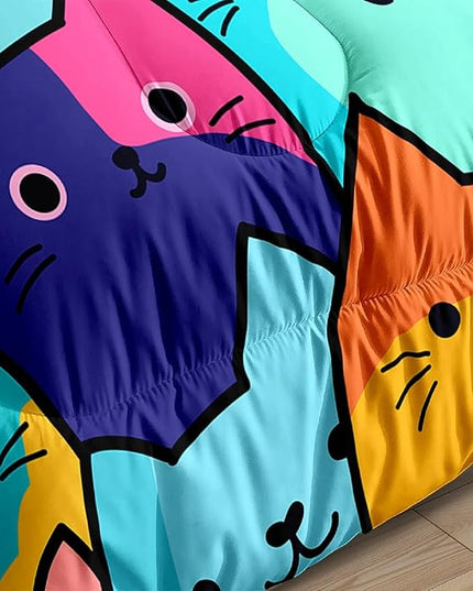 Cat Comforter Set Twin - Twin Size Comforter Set for Girls Cat Kids Cute Cat Bedding Twin Colorful Cartoon Cat Theme Bedding Sets, 1 Comforter+1 Pillowcase - LeafyLoom