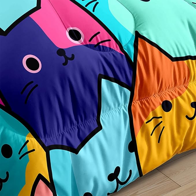 Cat Comforter Set Twin - Twin Size Comforter Set for Girls Cat Kids Cute Cat Bedding Twin Colorful Cartoon Cat Theme Bedding Sets, 1 Comforter+1 Pillowcase - LeafyLoom
