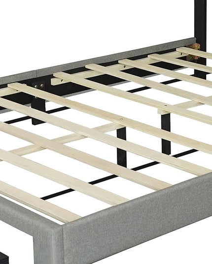 Queen Size Linen Fabric Upholstered Platform Bed with Adjustable LED Headboard and Footboard Drawers,Rubberwood Bed-frame for Bedroom,Guest room,Apartment,No Box Spring Require,Stone Gray - LeafyLoom