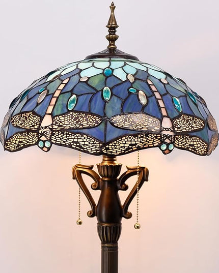 Tiffany Floor Lamp Stained Glass Standing Reading Lamp 16X16X66 Inches Antique Pole Corner Light for Bedroom Living Room Home Office (Blue Dragonfly) - LeafyLoom