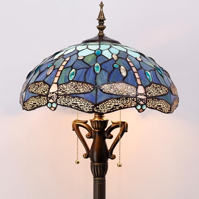 Tiffany Floor Lamp Stained Glass Standing Reading Lamp 16X16X66 Inches Antique Pole Corner Light for Bedroom Living Room Home Office (Blue Dragonfly) - LeafyLoom