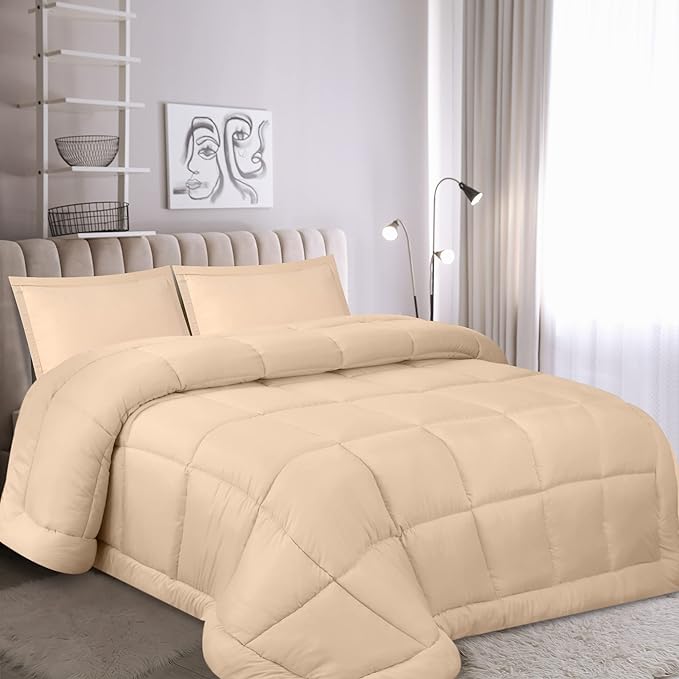 Utopia Bedding Queen Size Comforter Set with 2 Pillow Shams, Bedding Comforter Sets, Down Alternative Beige Comforter, Soft and Comfortable, Machine Washable - LeafyLoom