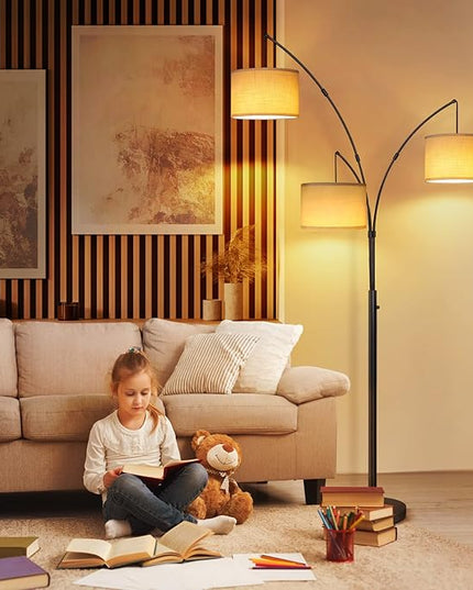 OUTON Arc Led Floor Lamp, Modern Black 3 Light Tall Floor Lamp for Bedroom, 2400lm Mid Century Adjustable Standing Corner Lamps for Living Room Office, 3 LED Bulbs Included, White Lampshade - LeafyLoom