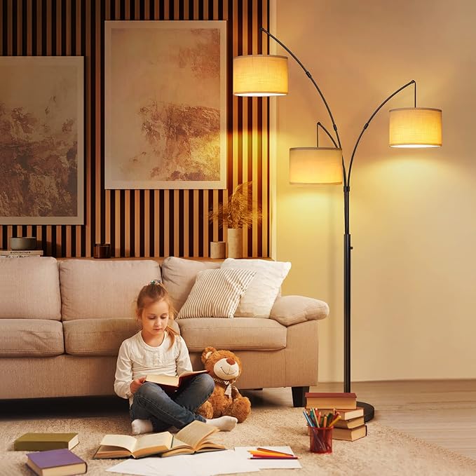 OUTON Arc Led Floor Lamp, Modern Black 3 Light Tall Floor Lamp for Bedroom, 2400lm Mid Century Adjustable Standing Corner Lamps for Living Room Office, 3 LED Bulbs Included, White Lampshade - LeafyLoom