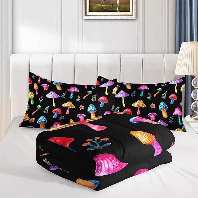 Colorful Mushroom Comforter Set Full Size Kids Mushroom Flora Bedding Set Botanical Plant Theme Print Quilt Bed Set for Boys Girls Adults with 1 Comforter and 2 Pillowcases - LeafyLoom