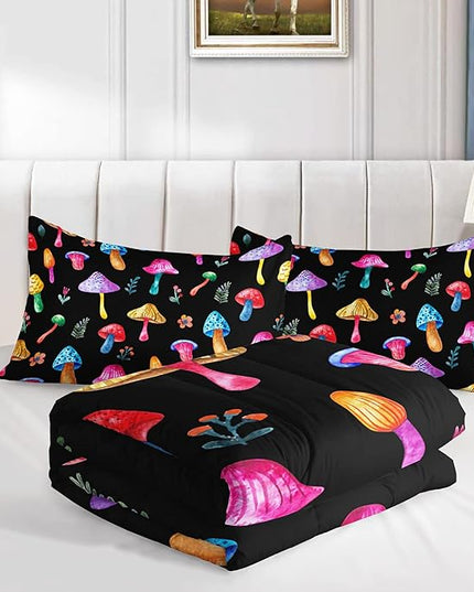 Colorful Mushroom Comforter Set Twin Size Kids Mushroom Flora Bedding Set Botanical Plant Theme Print Quilt Bed Set for Boys Girls Adults with 1 Comforter and 2 Pillowcases - LeafyLoom