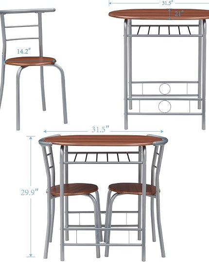 VECELO 3-Piece Dining Table Set for Kitchen Breakfast Nook, Wood Grain Oval Tabletop and Metal Frame with Built-in Wine Rack, for Small Spaces, 31.5", Brown & Silver - LeafyLoom