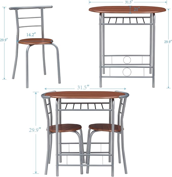 VECELO 3-Piece Dining Table Set for Kitchen Breakfast Nook, Wood Grain Oval Tabletop and Metal Frame with Built-in Wine Rack, for Small Spaces, 31.5", Brown & Silver - LeafyLoom