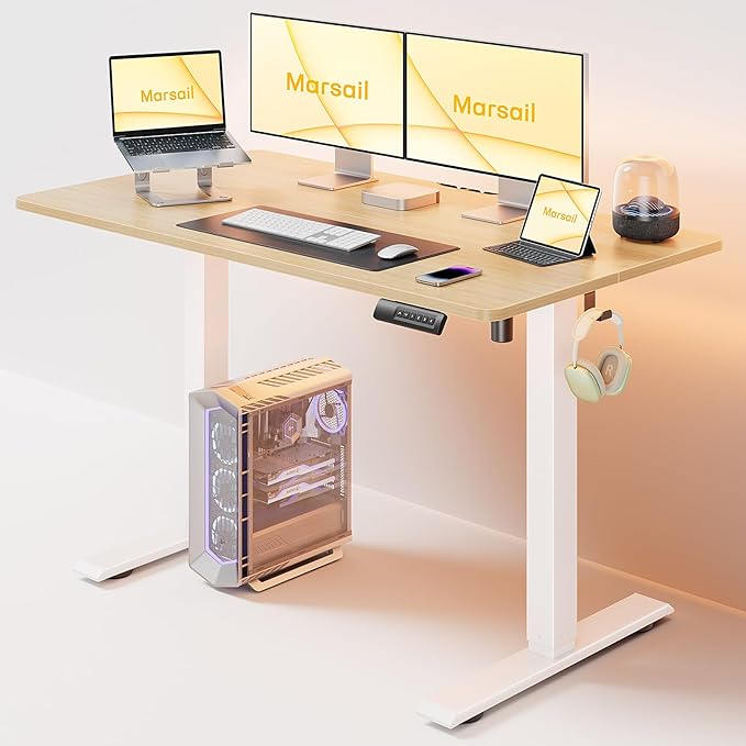 Marsail Electric Standing Desk, 48 * 24 Inch Height Adjustable Sit Stand up Desk with 3 Memory Preset, Headphone Hook Computer Desk Workstation for Home Office, Treadmill Pad - LeafyLoom