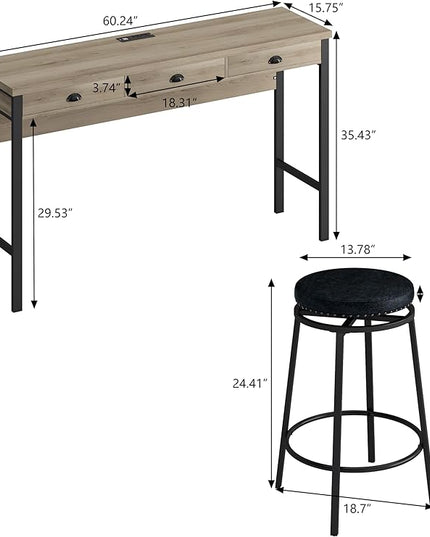 NicBex Modern Dining Table Counter Height Dining Table Set 3-Drawer Long Dining Table Set, Bar Kitchen Table Set with Circular Pu Stools for Dining Room, Easy Assemble, Brown Gray Table+Black Stool - LeafyLoom