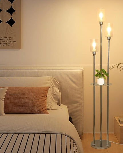 HMVPL Crystal Floor Lamps for Living Room, Modern Floor Lamp with Shelves, 3-Lights Standing Lamp with Crystal Shade, On/Off Foot Switch, Silver Corner Floor Lamp for Bedroom Living Room Office(66") - LeafyLoom
