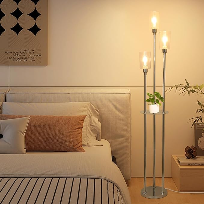 HMVPL Crystal Floor Lamps for Living Room, Modern Floor Lamp with Shelves, 3-Lights Standing Lamp with Crystal Shade, On/Off Foot Switch, Silver Corner Floor Lamp for Bedroom Living Room Office(66") - LeafyLoom