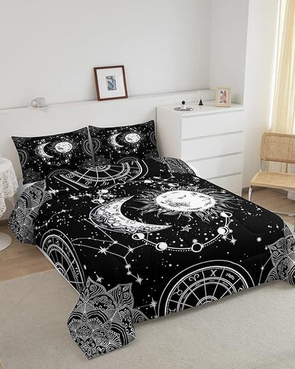 Sun and Moon Bedding Set Constellation Galaxy Comforter for Kids Boys Girls Teens Psychedelic Boho Mandala Comforter Breathable Celestial Duvet Set Black White Room Decor Quilt Cover Twin Size - LeafyLoom