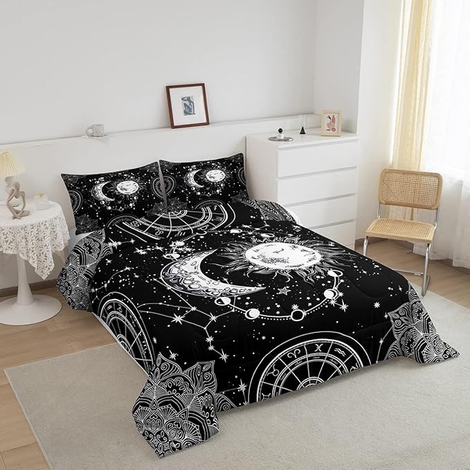 Sun and Moon Bedding Set Constellation Galaxy Comforter for Kids Boys Girls Teens Psychedelic Boho Mandala Comforter Breathable Celestial Duvet Set Black White Room Decor Quilt Cover Full Size - LeafyLoom