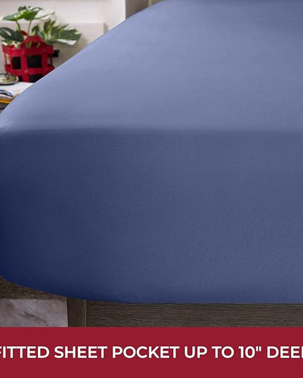Mellanni RV Short Queen Sheets - 4 PC Iconic Collection Bedding Sheets & Pillowcases - Hotel Luxury, Extra Soft, Cooling Bed Sheets - Deep Pocket up to 10 inch (RV/Short Queen, Blue Nova) - LeafyLoom
