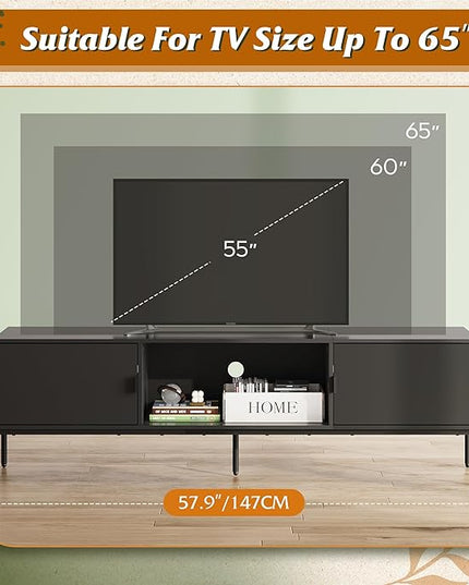 WLIVE Modern TV Stand for 65 Inch TV, Mid Century Entainment Center with Storage, TV Console with Open Shelf and 2 Cabinets for Bedroom and Living Room, TV Cabinet with Metal Legs, Black - LeafyLoom