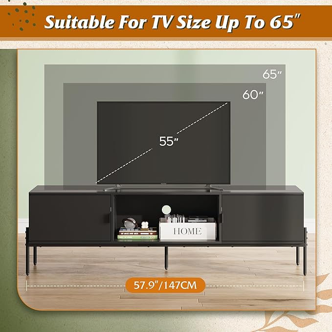 WLIVE Modern TV Stand for 65 Inch TV, Mid Century Entainment Center with Storage, TV Console with Open Shelf and 2 Cabinets for Bedroom and Living Room, TV Cabinet with Metal Legs, Black - LeafyLoom