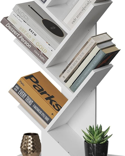 SUNMORY 6 Tier Tree Bookshelf, Tall Bookcase with Storage Cabinet, Modern Narrow Bookshelves Organizer, Floor Standing Book Shelf for Bedroom/Living Room/Home Office/Corner, White - LeafyLoom