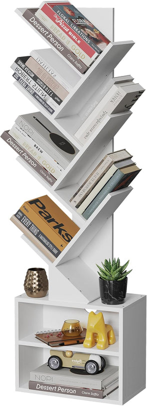 SUNMORY 6 Tier Tree Bookshelf, Tall Bookcase with Storage Cabinet, Modern Narrow Bookshelves Organizer, Floor Standing Book Shelf for Bedroom/Living Room/Home Office/Corner, White - LeafyLoom