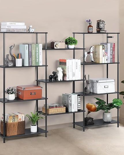 melos 4 Tier Bookshelf, Industrial Bookcase, Large Etagere Bookshelf Open Display Shelves with Metal Frame and 2 Anti-Tipping Strap, Black - LeafyLoom