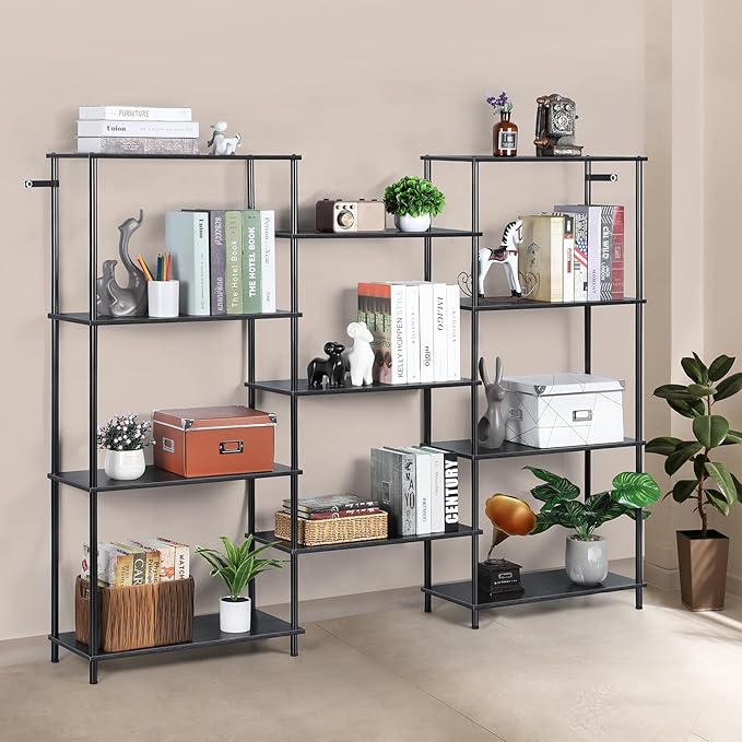 melos 4 Tier Bookshelf, Industrial Bookcase, Large Etagere Bookshelf Open Display Shelves with Metal Frame and 2 Anti-Tipping Strap, Black - LeafyLoom