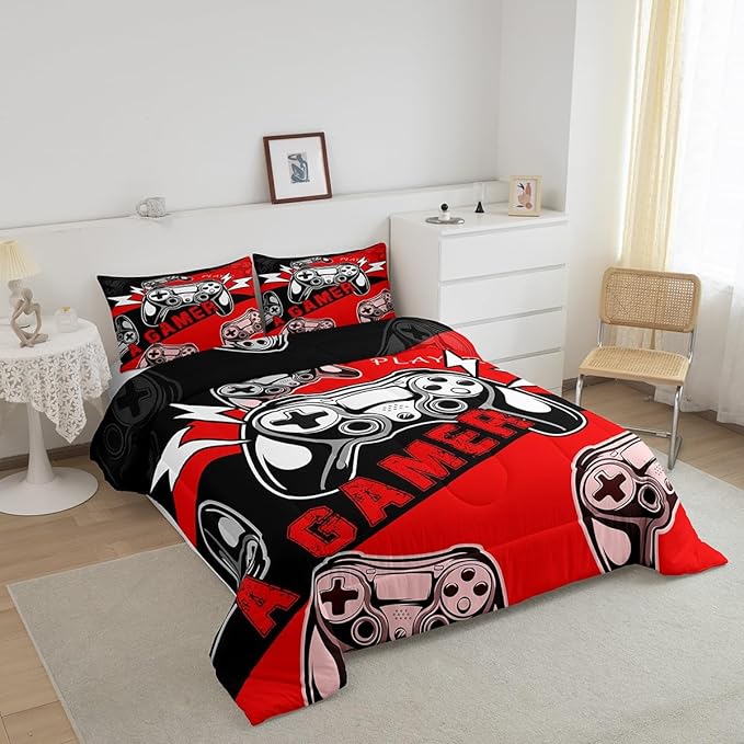 Erosebridal Gaming Comforter Sets for Boys Kids Gamer Comforter Set,Video Game Bedding Set Red Black Gamepad Quilt Duvet Set Men Boys Bedroom Decor,King Size 3Pcs - LeafyLoom