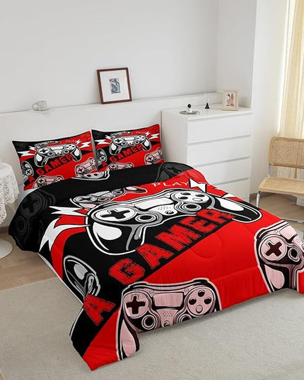 Erosebridal Gamer Comforter Sets for Boys Full Size,Gaming Bedding Sets for Boys Kids Teens Gamepad Gaming Comforter Set Game Room Decor,Red Black 3Pcs - LeafyLoom