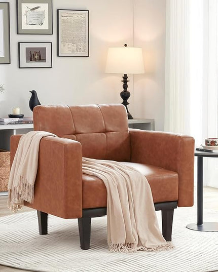 Mid-Century Leather Accent Chair set of 2 with Wood Base & Legs,Oversized Upholstered Single Sofa Chair, Comfy Living Room Armchairs for Apartment Bedroom Office Study, Cognac/Brown - LeafyLoom